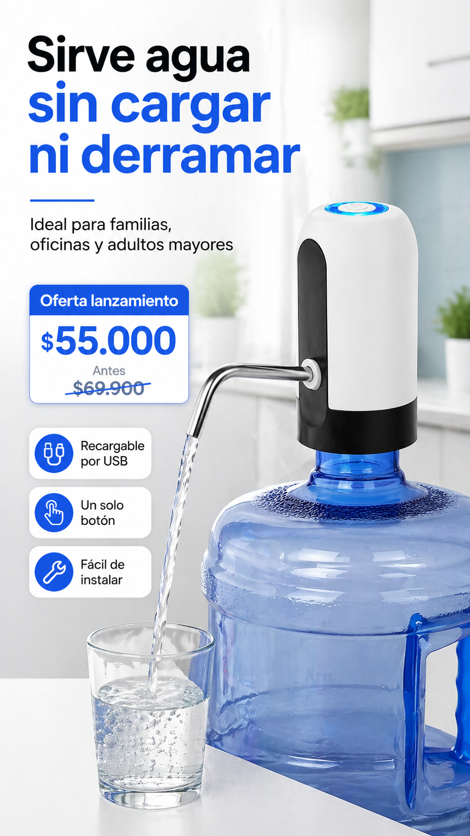 Dispensador de Agua Eléctrico Recargable para Botellón