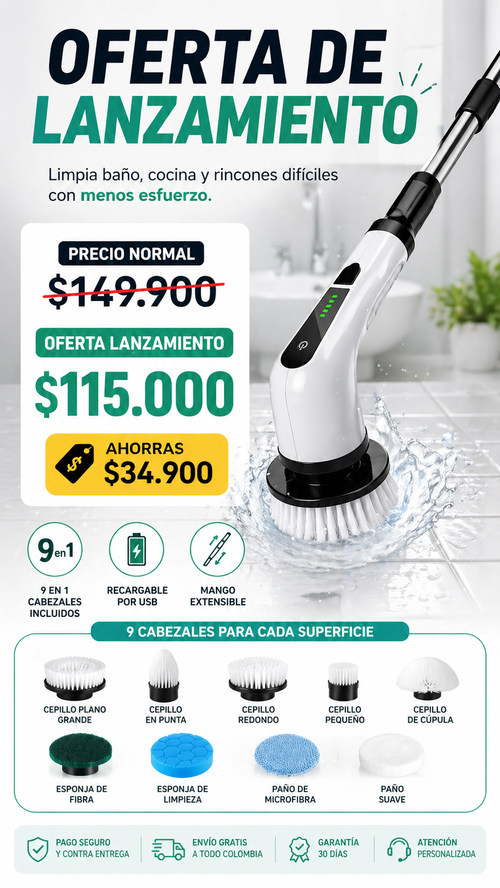 Cepillo de Limpieza Eléctrico 9 en 1 para Baño, Cocina y Hogar