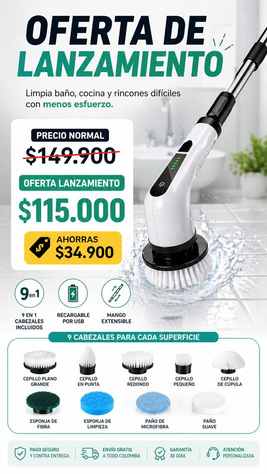 Cepillo de Limpieza Eléctrico 9 en 1 para Baño, Cocina y Hogar