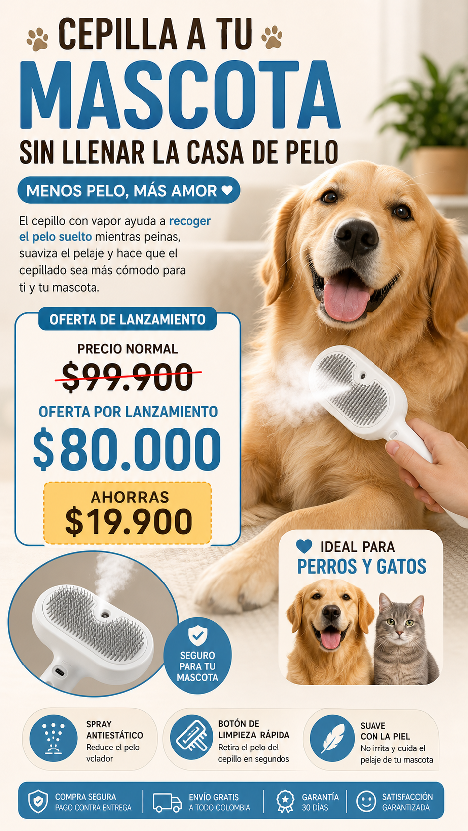 Cepillo con Vapor Quita Pelo para Perros y Gatos