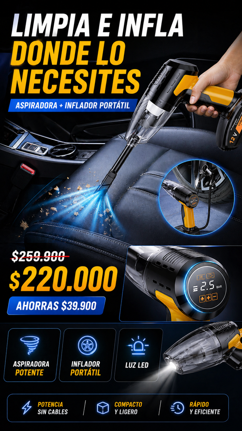 Aspiradora de Coche Portátil con Inflador de Emergencia