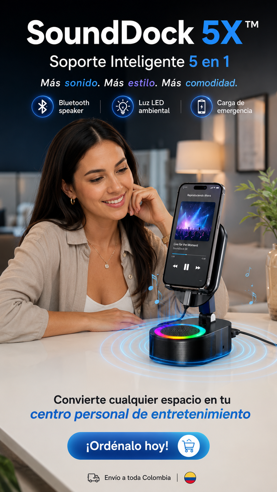 SoundDock 5X™ – Soporte Inteligente 5 en 1 con Parlante, Luz LED y Carga para Celular