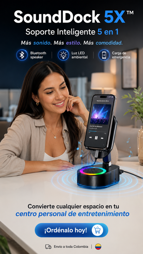SoundDock 5X™ – Soporte Inteligente 5 en 1 con Parlante, Luz LED y Carga para Celular